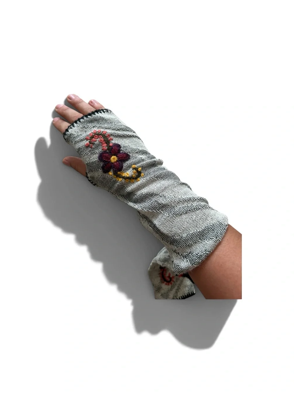Handmade Vintage Gray Embroidered Floral Arm Warmers